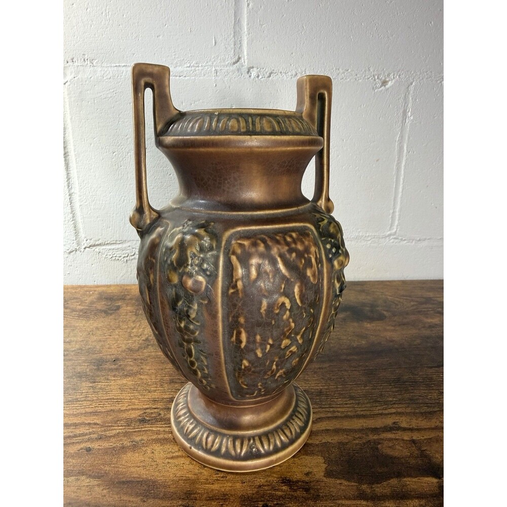 Roseville Pottery Grapevine Amphora Vase Double Handle Brown Art Pottery 8.5”